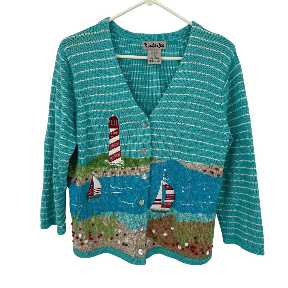 Timberlea Lighthouse Beaded Cardigan Teal Blue Small Granny Cottage Core